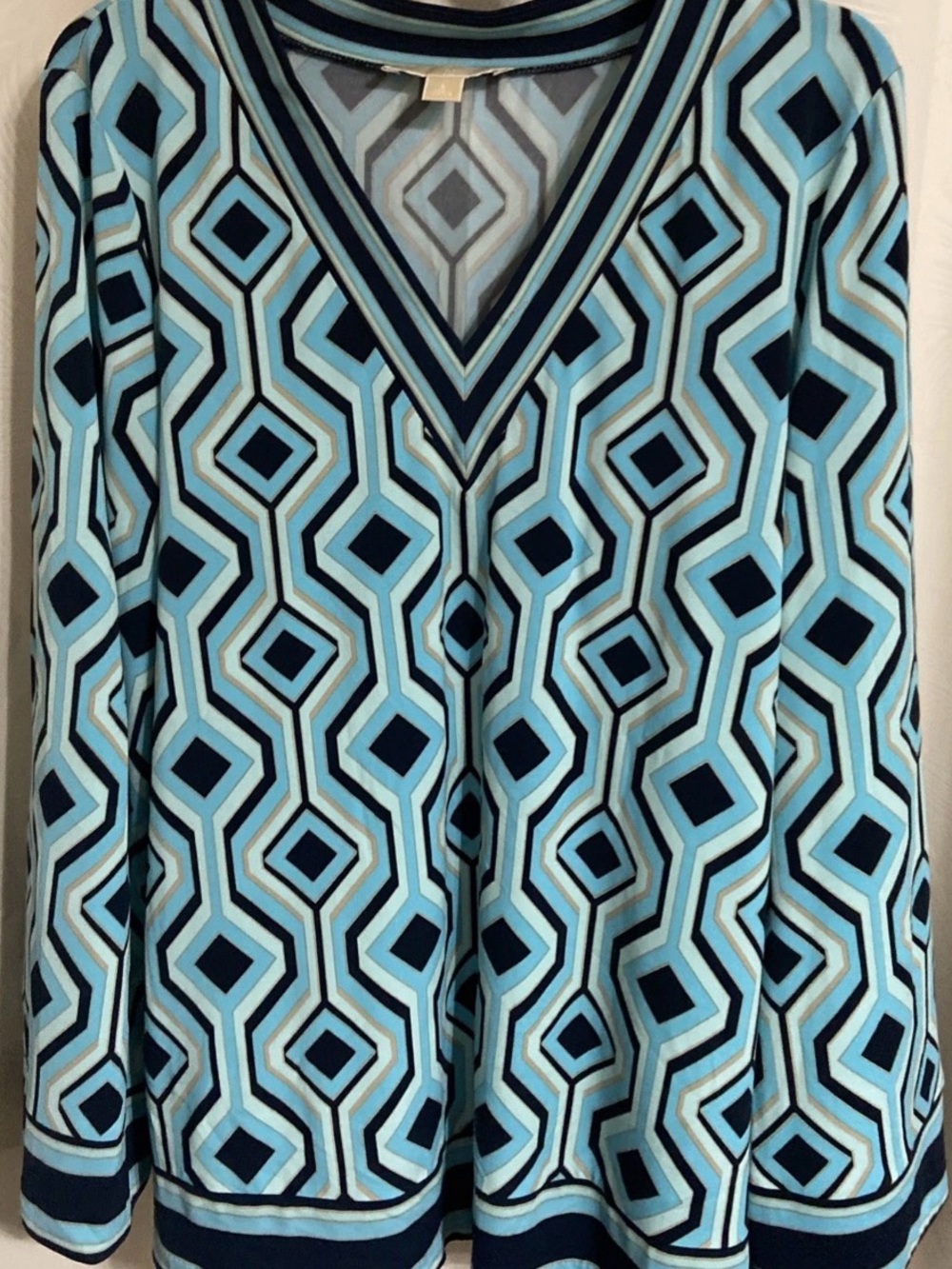 Michael Kors Blue Geometric V-Neck Blouse